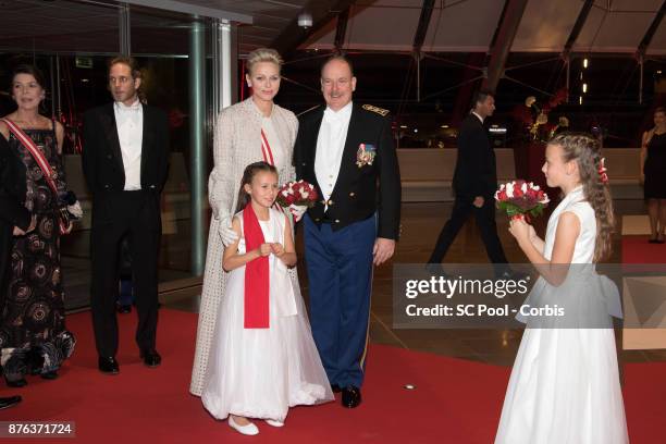 Princess Caroline of Hanover, Andrea Casiraghi, Princess Charlene of Monaco and Prince Albert II of Monaco arrive at the Monaco National Day Gala in...