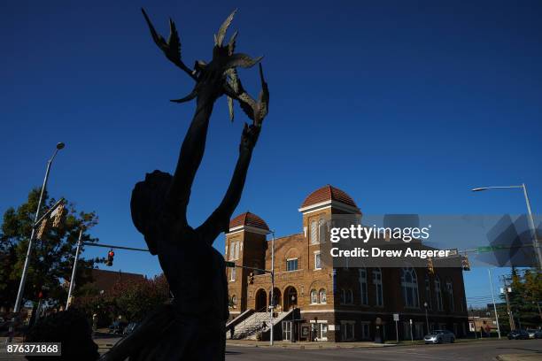 View of the 'Four Spirits' statue and the 16th Street Baptist Church, November 19, 2017 in Birmingham, Alabama. The statues memorialize the four...