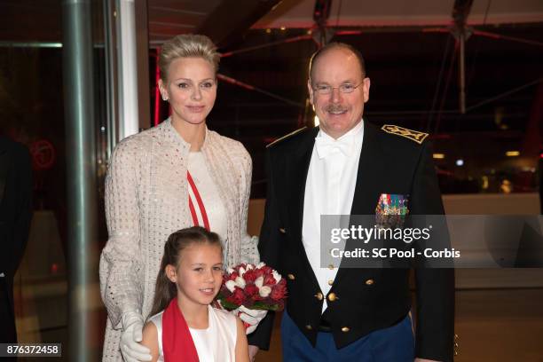 Princess Charlene of Monaco and Prince Albert II of Monaco arrive at the Monaco National Day Gala in Grimaldi Forum on November 19, 2017 in Monaco,...