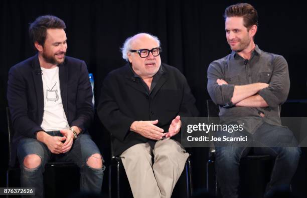 Actor Charlie Day, actor Danny DeVito and actor/producer Glenn Howerton speak onstage during the 'It's Always Sunny' panel, part of Vulture Festival...