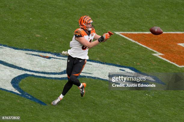 Tight end Tyler Kroft of the Cincinnati Bengals of the Cincinnati Bengals has a first quarter touchdown reception against the Denver Broncos at...