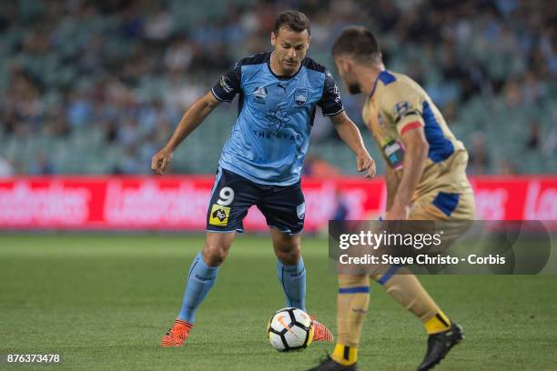 Deyvison Rogério da Silva of the Sydney FC takes a shot at goal during the round seven A-League match between Sydney FC and Newcastle Jets at Allianz...