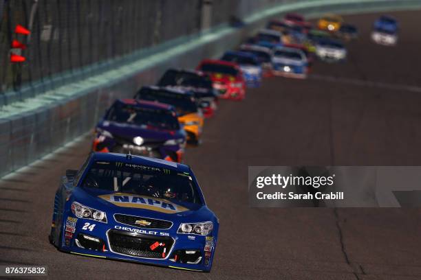 Chase Elliott, driver of the NAPA Chevrolet, leads a pack of cars during the Monster Energy NASCAR Cup Series Championship Ford EcoBoost 400 at...