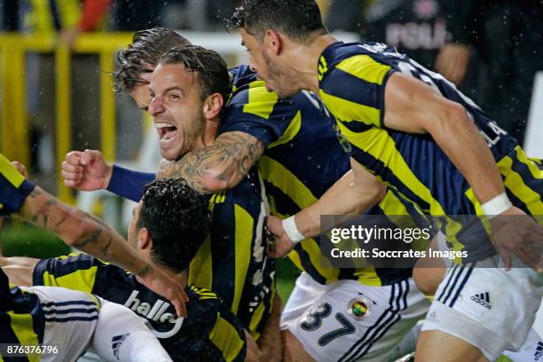Roberto Soldado of Fenerbahce celebrates 2-1 with Martin Skrtel of Fenerbahce, Guiliano of Fenerbahce during the Turkish Super lig match between...