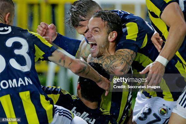 Roberto Soldado of Fenerbahce celebrates 2-1 with Martin Skrtel of Fenerbahce during the Turkish Super lig match between Fenerbahce v Sivasspor at...