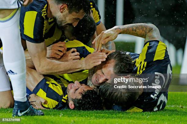 Roberto Soldado of Fenerbahce celebrates 2-1 Martin Skrtel of Fenerbahce during the Turkish Super lig match between Fenerbahce v Sivasspor at the...