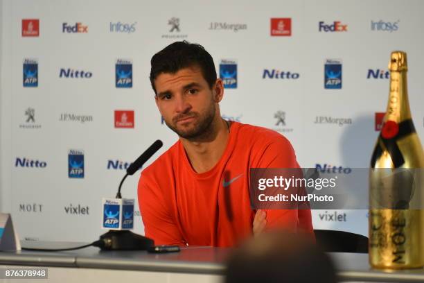 Grigor DImitrov of Bulgaria holds a press conference after he won the singles final of the Nitto ATP Finals at the O2 Arena, London on November 19,...