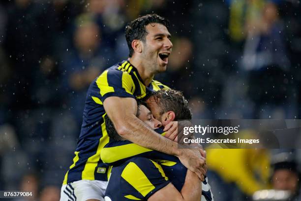 Roberto Soldado Rillo of Fenerbahce celebrates 2-1 with Guiliano of Fenerbahce and Ismail Koybasi of Fenerbahce during the Turkish Super lig match...