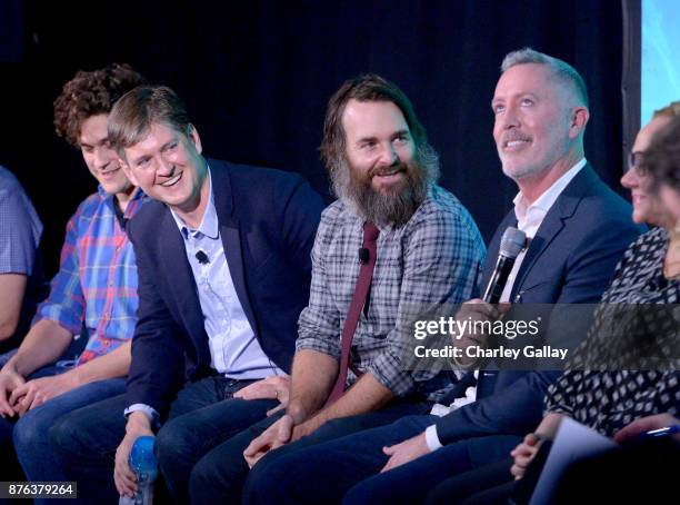 Phil Lord, Bill Lawrence, Will Forte and Michael McDonald speak onstage during the 'Clone High Reunion' panel, part of Vulture Festival LA presented...