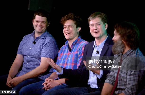 Christopher Miller, Phil Lord, Bill Lawrence and Will Forte speak onstage during the 'Clone High Reunion' panel, part of Vulture Festival LA...