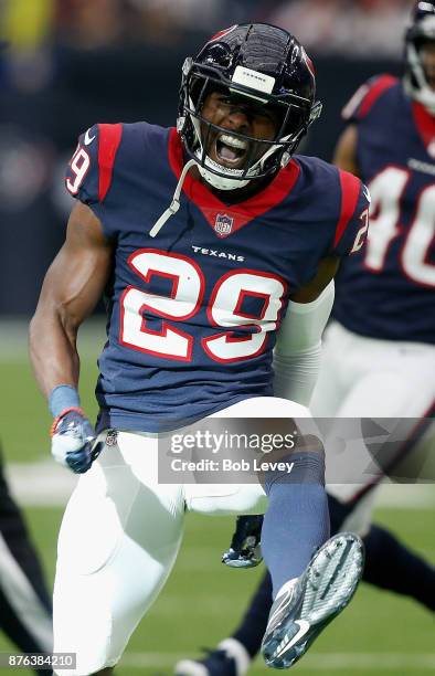 Andre Hal of the Houston Texans celebrates after fourth down stop against the Arizona Cardinals in the fourth quarter at NRG Stadium on November 19,...