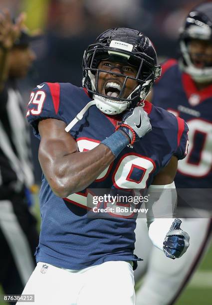 Andre Hal of the Houston Texans celebrates after fourth down stop against the Arizona Cardinals in the fourth quarter at NRG Stadium on November 19,...