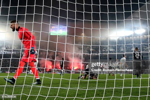 Benoit Costil of Bordeaux reacts after the goal of Marseille during the Ligue 1 match between FC Girondins de Bordeaux and Olympique Marseille at...