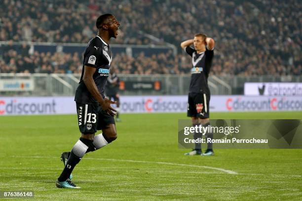 Younousse Sankhare of Bordeaux reacts during the Ligue 1 match between FC Girondins de Bordeaux and Olympique Marseille at Stade Matmut Atlantique on...