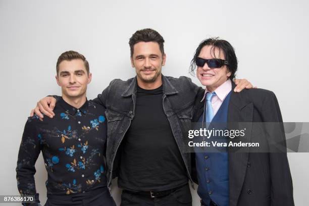 Dave Franco, James Franco and Tommy Wiseau at "The Disaster Artist" Press Conference at the Four Seasons Hotel on November 18, 2017 in Beverly Hills,...