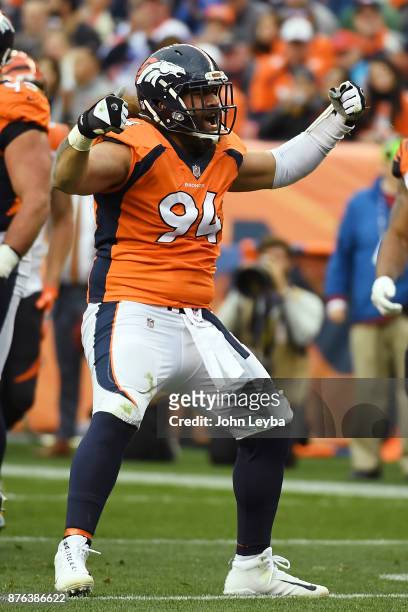 Domata Peko of the Denver Broncos celebrates a stop in the second quarter against the Cincinnati Bengals. The Denver Broncos hosted the Cincinnati...