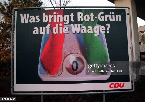 Wahlplakat der CDU mit dem Text "Was bringt Rot-Grün auf die Waage?" - Bonn,