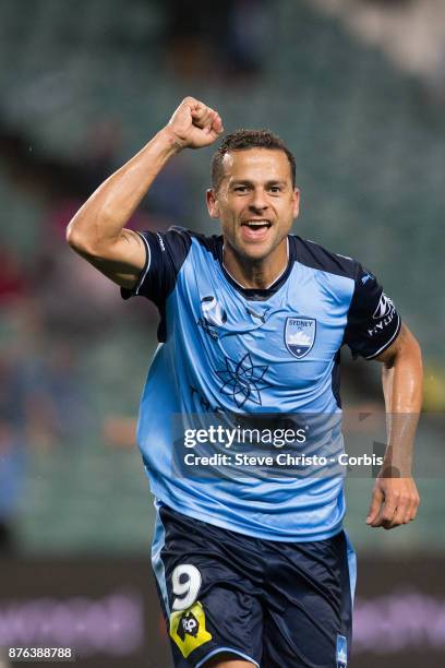 Deyvison Rogério da Silva, Bobô of the Sydney FC celebrates scoring the winning goal during the round seven A-League match between Sydney FC and...