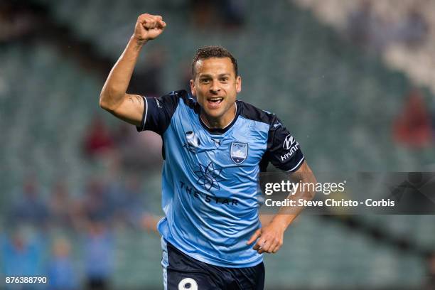 Deyvison Rogério da Silva, Bobô of the Sydney FC celebrates scoring the winning goal during the round seven A-League match between Sydney FC and...