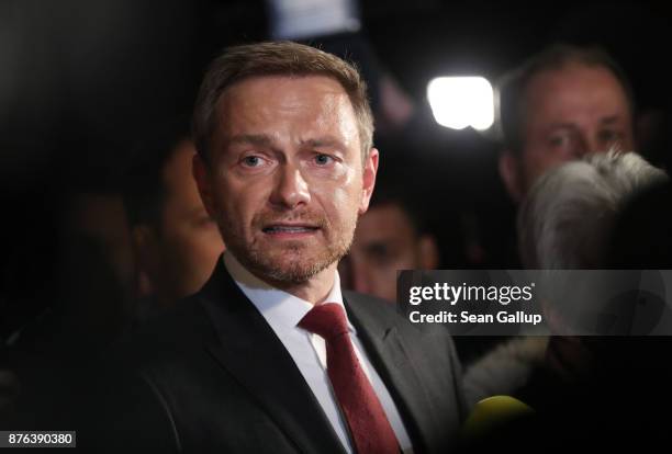 Christian Lindner, head of the Free Democratic Party , gives a staement to the media following troubled preliminary coalition talks at the...