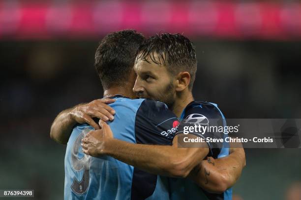 Deyvison Rogério da Silva, Bobô of the Sydney FC celebrates his goal with teammate Milos Ninkovic during the round seven A-League match between...