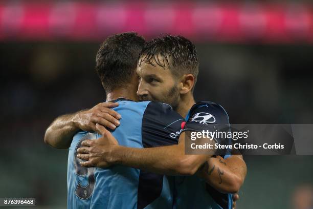 Deyvison Rogério da Silva, Bobô of the Sydney FC celebrates his goal with teammate Milos Ninkovic during the round seven A-League match between...