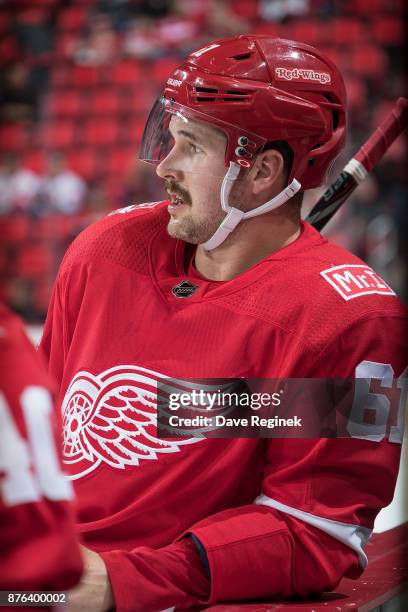 Xavier Ouellet of the Detroit Red Wings skates around in warm ups prior to an NHL game against the Buffalo Sabres at Little Caesars Arena on November...