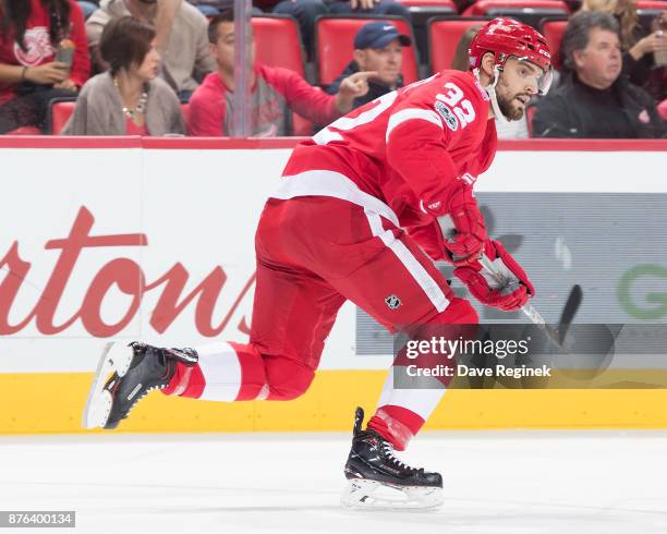Brian Lashoff of the Detroit Red Wings follows the play against the Buffalo Sabres during an NHL game at Little Caesars Arena on November 17, 2017 in...