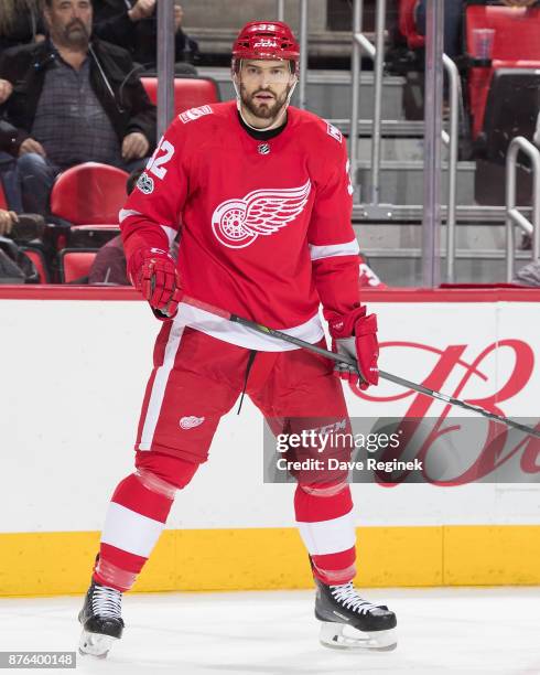 Brian Lashoff of the Detroit Red Wings follows the play against the Buffalo Sabres during an NHL game at Little Caesars Arena on November 17, 2017 in...