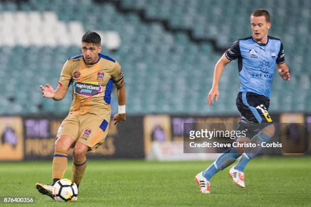 Dimitri Petratos of the Jets passes the ball during the round seven A-League match between Sydney FC and Newcastle Jets at Allianz Stadium on...