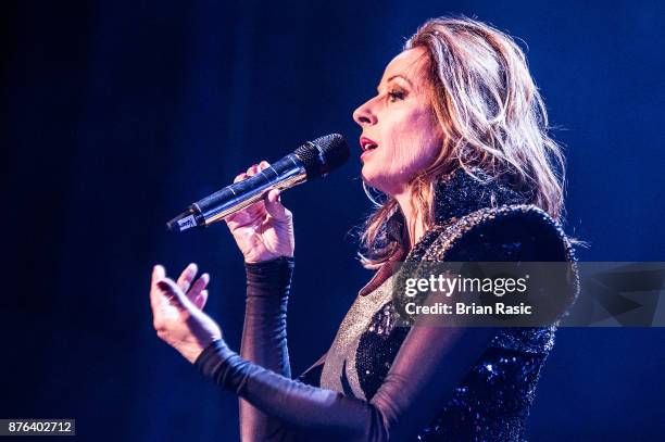 Karen Woodward of Bananarama performs at Eventim Apollo on November 19, 2017 in London, England.