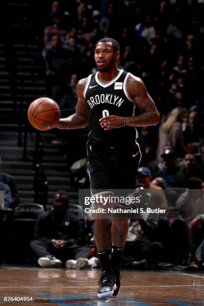 Sean Kilpatrick of the Brooklyn Nets handles the ball against the Golden State Warriors on November 19, 2017 at Barclays Center in Brooklyn, New...