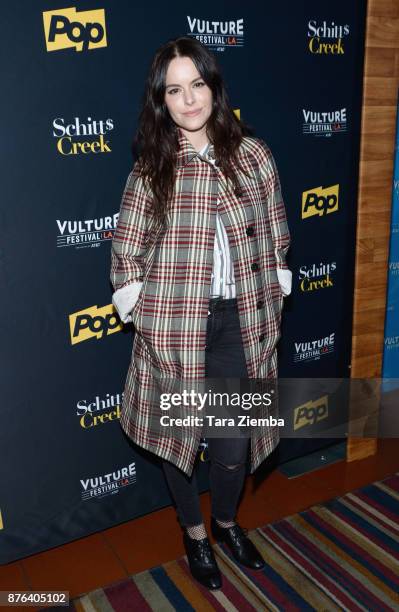 Actress Emily Hampshire attends the "Schitt's Creek" panel during Vulture Festival Los Angeles at Hollywood Roosevelt Hotel on November 19, 2017 in...