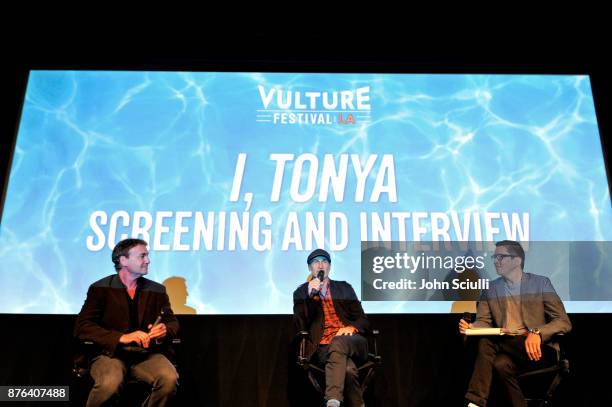 Writer Steven Rogers, director Craig Gillespie and journalist Chris Lee speak onstage at the "I, Tonya" screening and interview with Craig Gillespie...