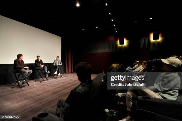 Writer Steven Rogers, director Craig Gillespie and journalist Chris Lee speak onstage at the "I, Tonya" screening and interview with Craig Gillespie...