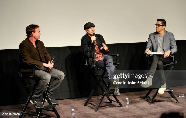 Writer Steven Rogers, director Craig Gillespie and journalist Chris Lee speak onstage at the "I, Tonya" screening and interview with Craig Gillespie...