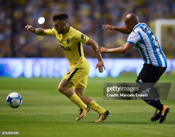 Nahitan Nandez of Boca Juniors fights for ball with Arevalo Rios of Racing Club during a match between Boca Juniors and Racing Club as part of the...