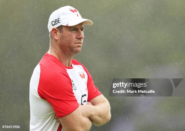 Swans assistant coach Steve Johnson looks on during a Sydney Swans AFL pre-season training session at Sydney Grammar on November 20, 2017 in Sydney,...