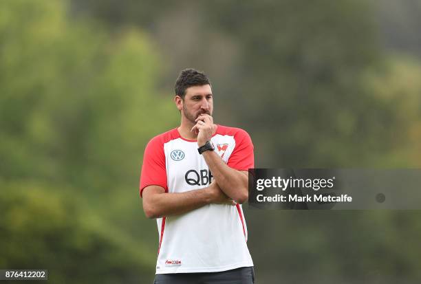 Swans assistant coach Dean Cox looks on during a Sydney Swans AFL pre-season training session at Sydney Grammar on November 20, 2017 in Sydney,...