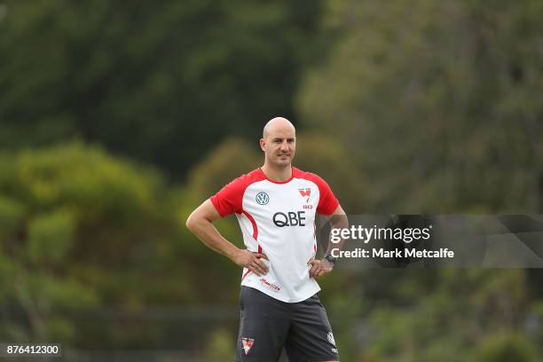 Swans assistant coach Tadhg Kennelly looks on during a Sydney Swans AFL pre-season training session at Sydney Grammar on November 20, 2017 in Sydney,...