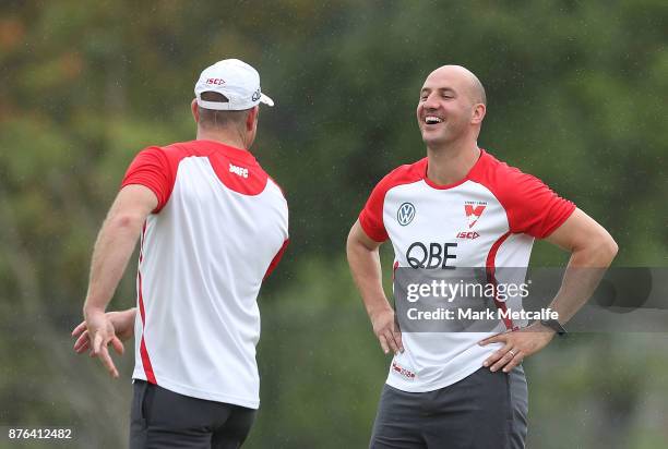 Swans assistant coaches Steve Johnson and Tadhg Kennelly talk during a Sydney Swans AFL pre-season training session at Sydney Grammar on November 20,...