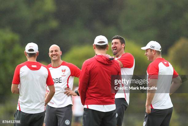 Swans assistant coach Dean Cox laughs during a Sydney Swans AFL pre-season training session at Sydney Grammar on November 20, 2017 in Sydney,...
