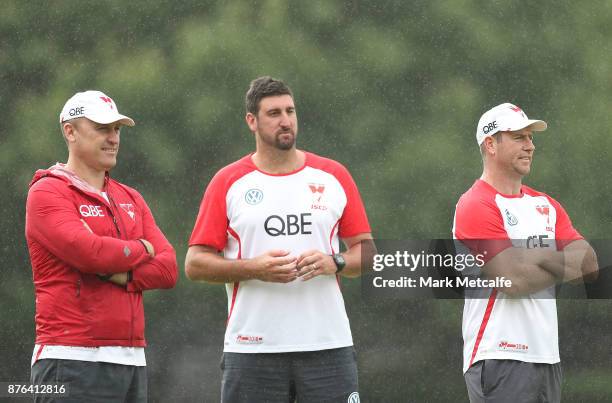 Swans assistant coaches Steve Johnson and Dean Cox look on next to Swans head coach John Longmire during a Sydney Swans AFL pre-season training...