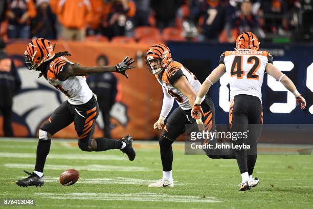 Dre Kirkpatrick of the Cincinnati Bengals celebrates breaking up a pass in the fourth quarter against the Denver Broncos. The Denver Broncos hosted...