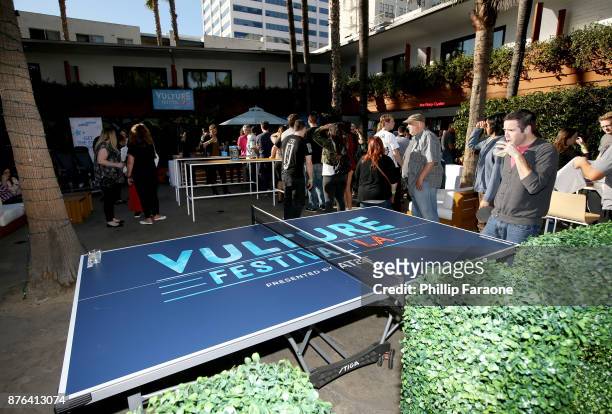 Branding is displayed in the Vulture Lounge during Vulture Festival LA presented by AT&T at The Hollywood Roosevelt Hotel on November 19, 2017 in...