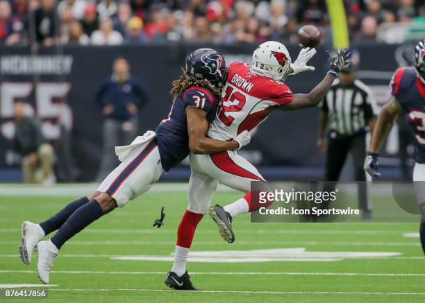 Houston Texans cornerback Treston Decoud causes an incomplete pass for Arizona Cardinals wide receiver John Brown during the football game between...