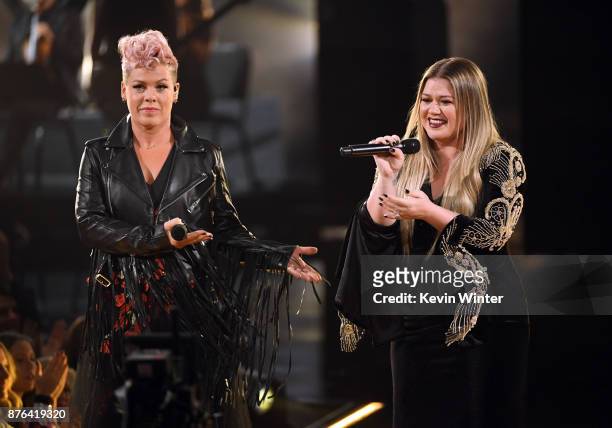 Pink and Kelly Clarkson perform onstage during the 2017 American Music Awards at Microsoft Theater on November 19, 2017 in Los Angeles, California.