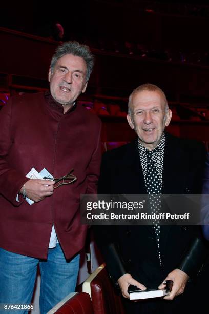 Daniel Auteuil and Jean-Paul Gaultier attend Barbara makes Gerard Depardieu triumph in "Depardieu Chante Barbara" at "Le Cirque D'Hiver" on November...