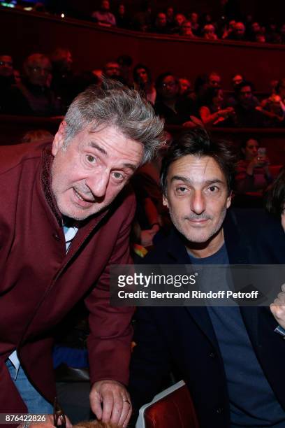 Daniel Auteuil and Yvan Attal attend Barbara makes Gerard Depardieu triumph in "Depardieu Chante Barbara" at "Le Cirque D'Hiver" on November 19, 2017...