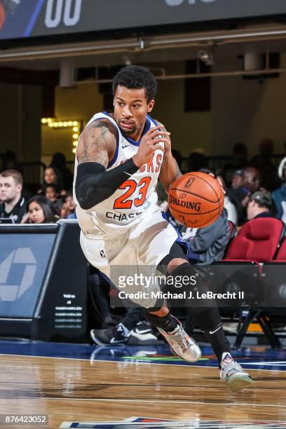 Trey Burke of the Westchester Knicks drives to the basket against the Lakeland Magic during an NBA G-League game on November 19, 2017 at Westchester...